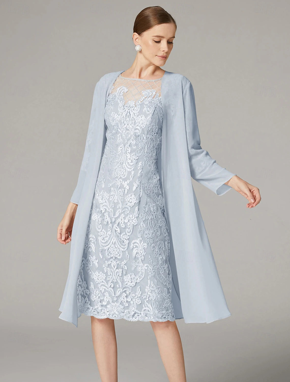Buyishang Two Piece Sheath Dress Suit Mother of the Bride Dress Elegant Jewel Neck Knee Length Chiffon Lace 3/4 Length Sleeve Wrap Included Jacket Dresses with Beading Appliques